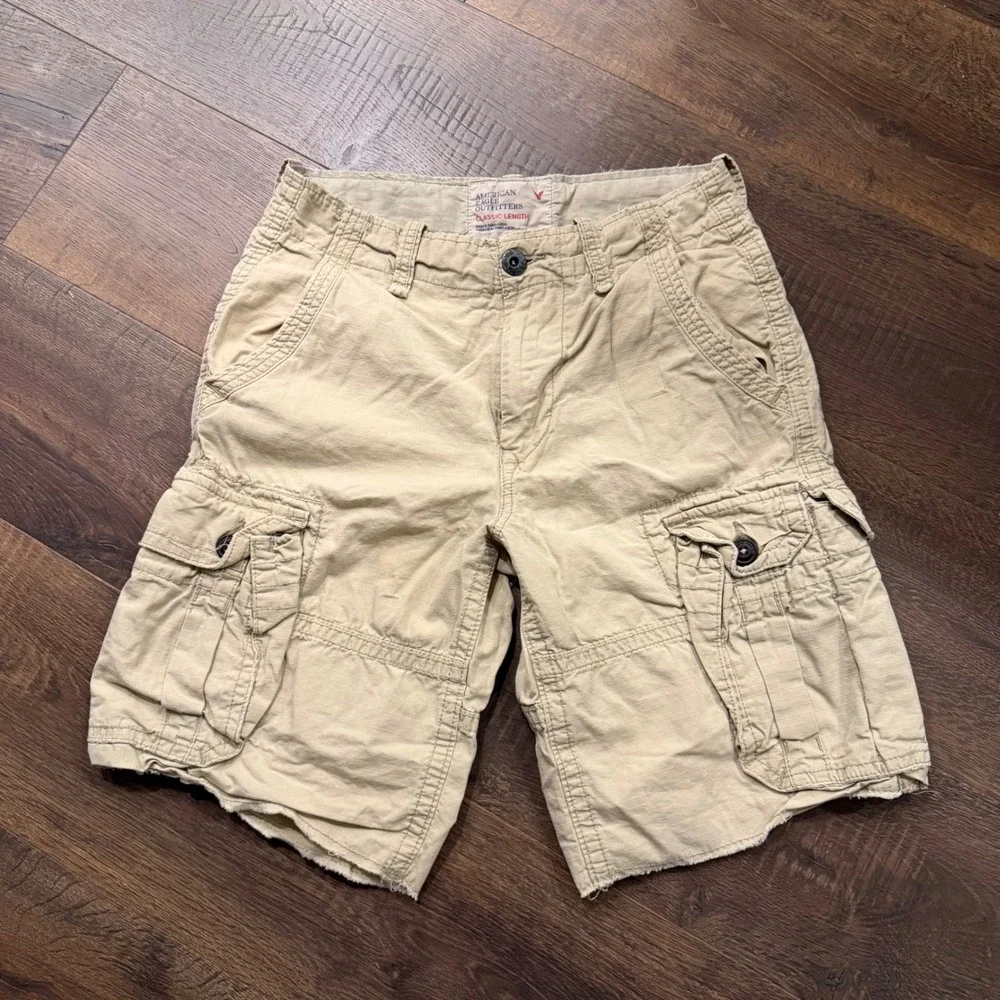 Vintage Y2K American Eagle Men's 28 Khaki Ripstop Cargo Shorts Baggy Skater